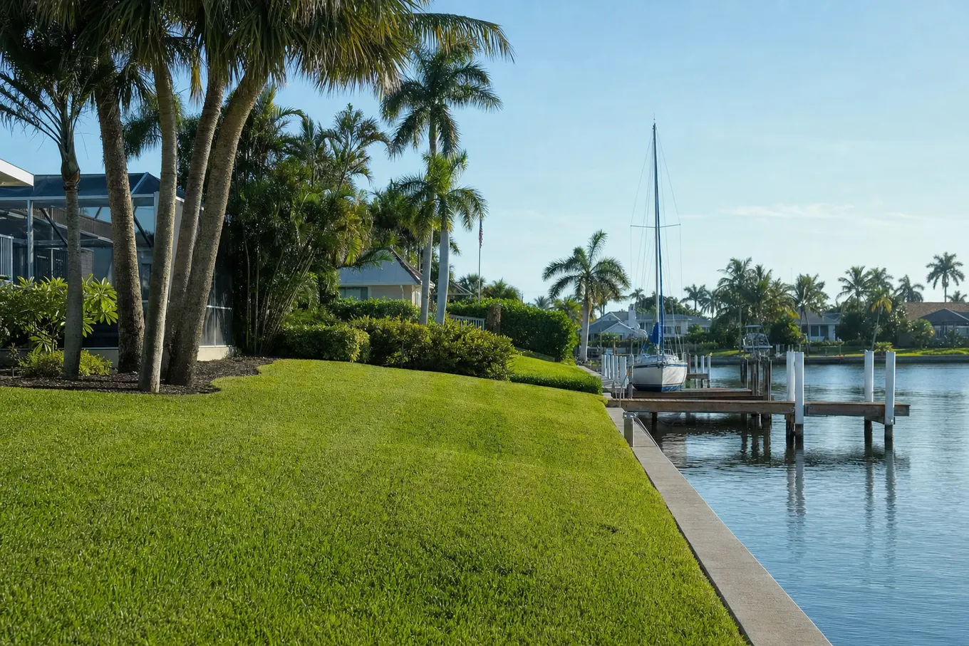 Canal-front Florida home with a manicured St. Augustine lawn and sailboat dock
