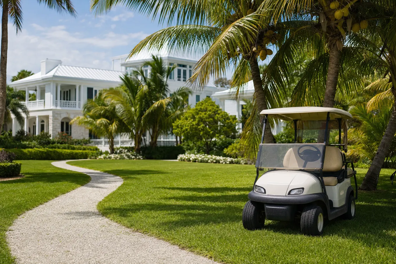 Elegant island estate lawn with a golf cart parked under coconut palms