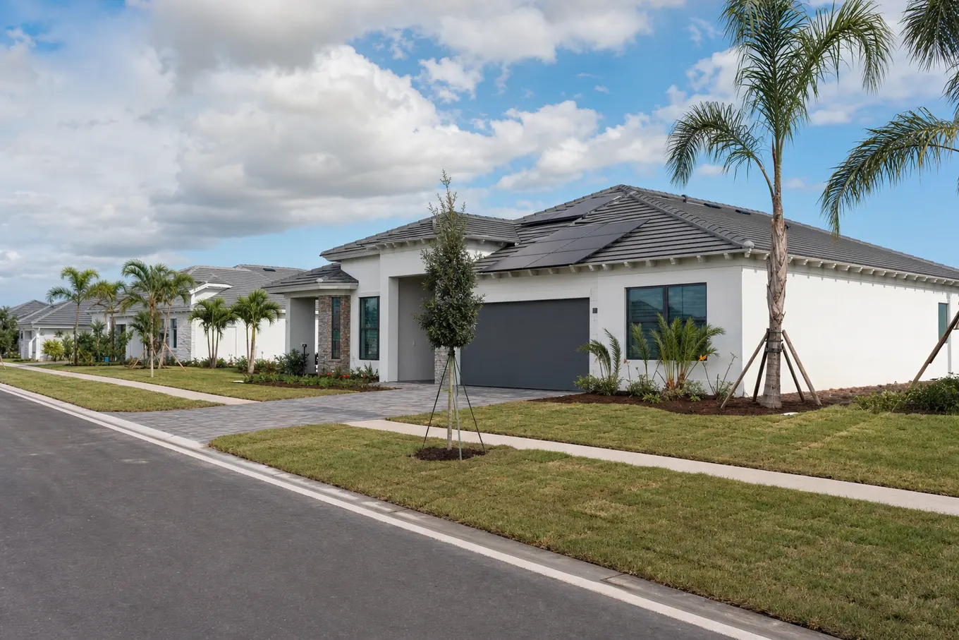 New Florida home with fresh sod squares, staked trees and solar panels