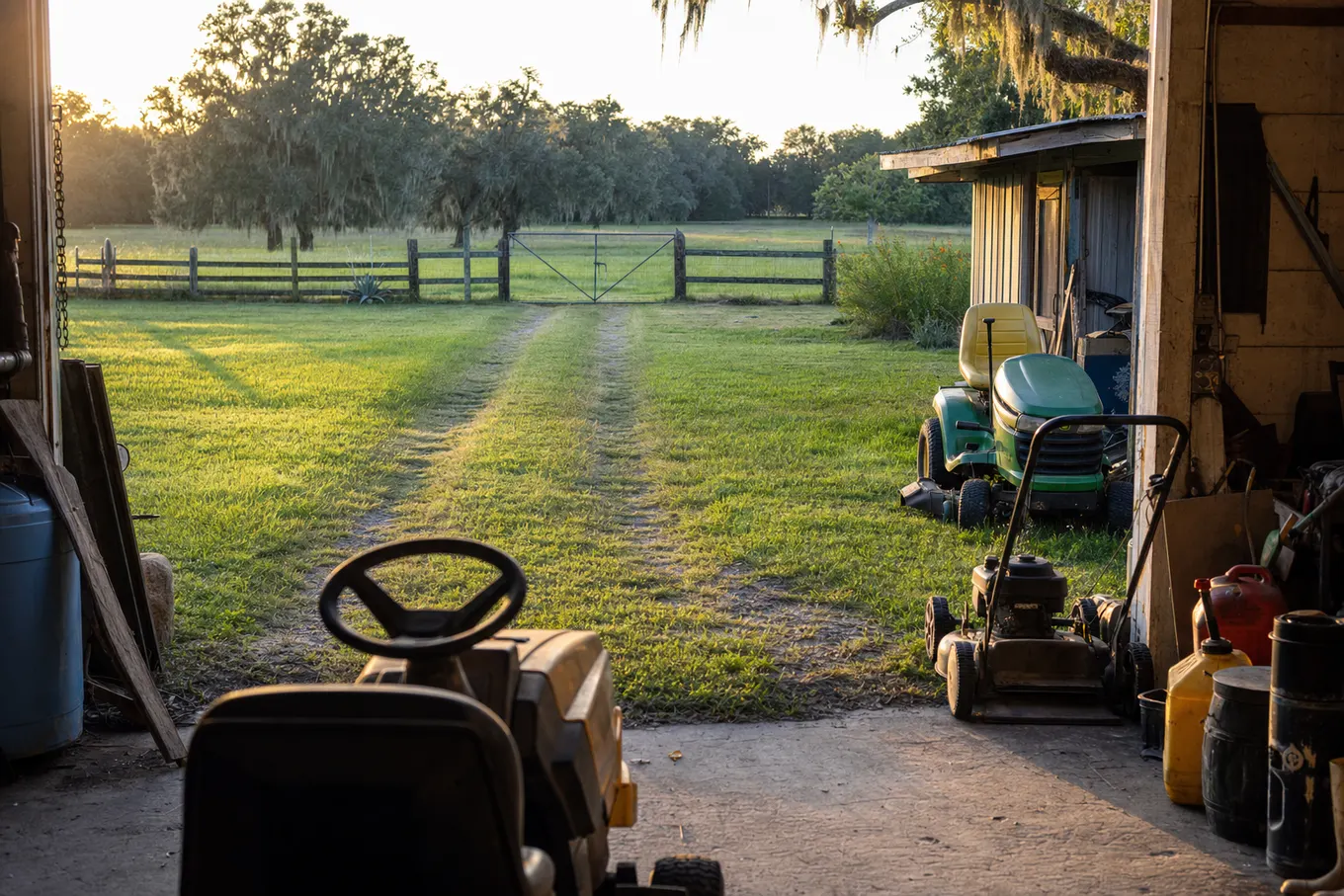 Ranch gate and mowed pasture edges with a lawn tractor parked by a barn