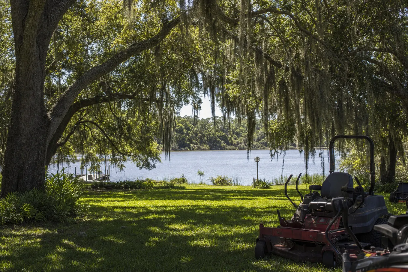 Old Florida riverfront yard with oak shade and a calm river past the grass