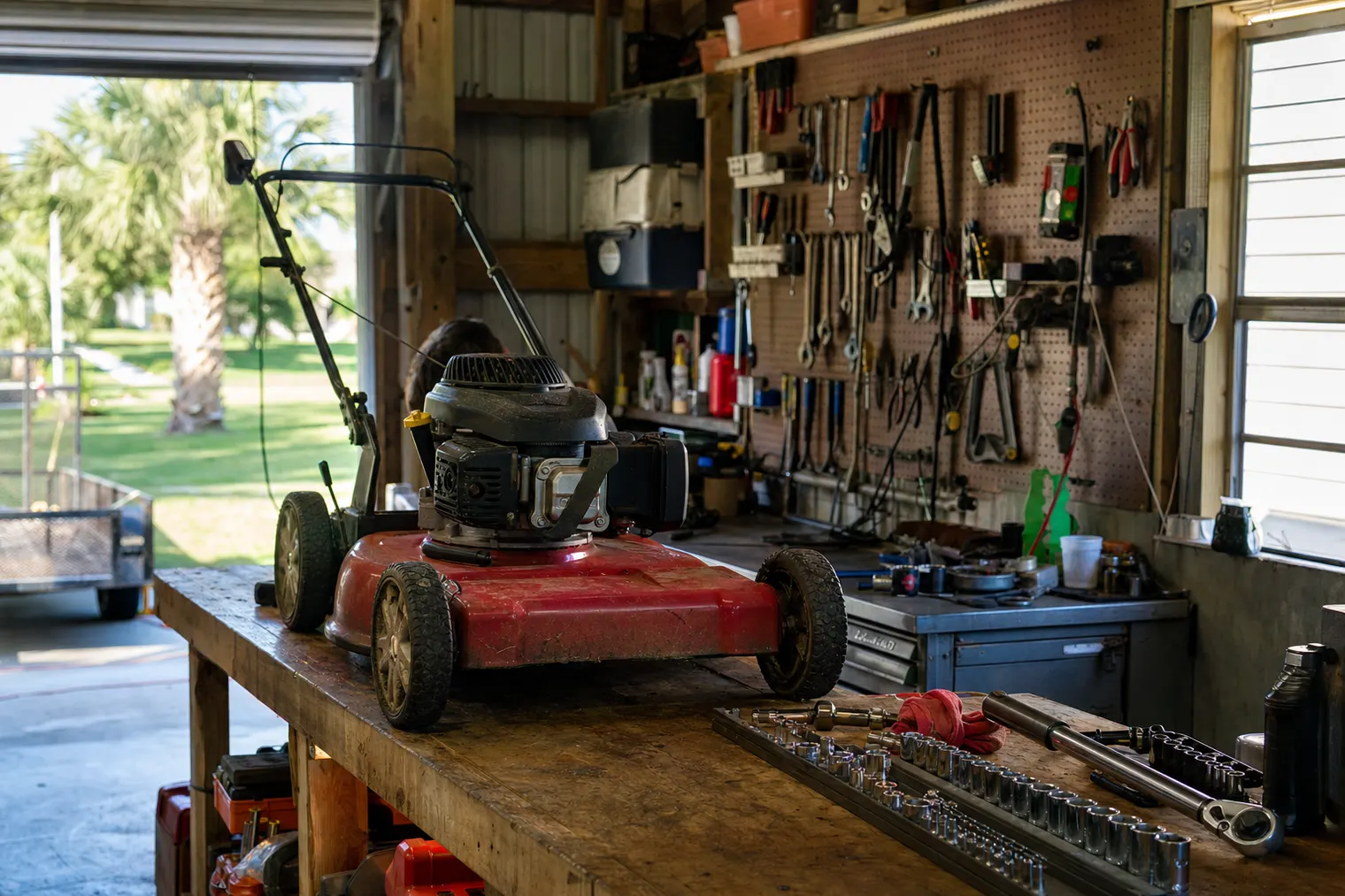 Lawn mower being repaired on a workbench at Joe's Small Engine Repair in Port Charlotte