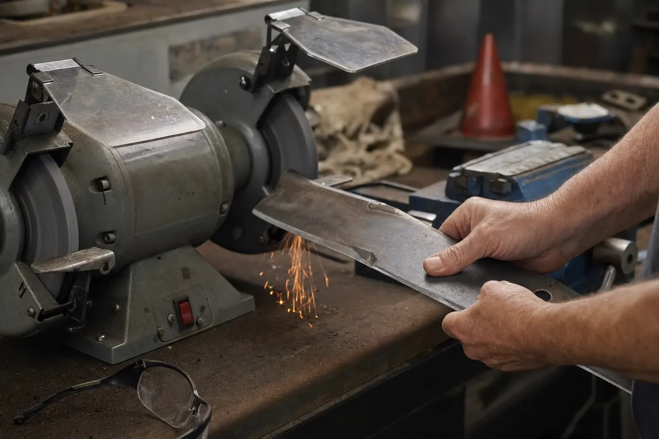 Lawn mower blade being ground on a bench grinder with sparks at a Port Charlotte shop