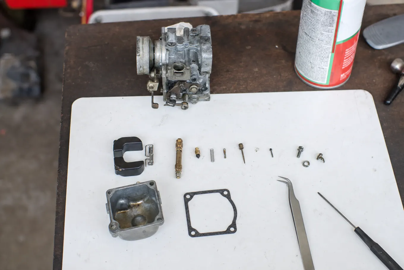 Disassembled lawn mower carburetor and cleaning tools on a work mat