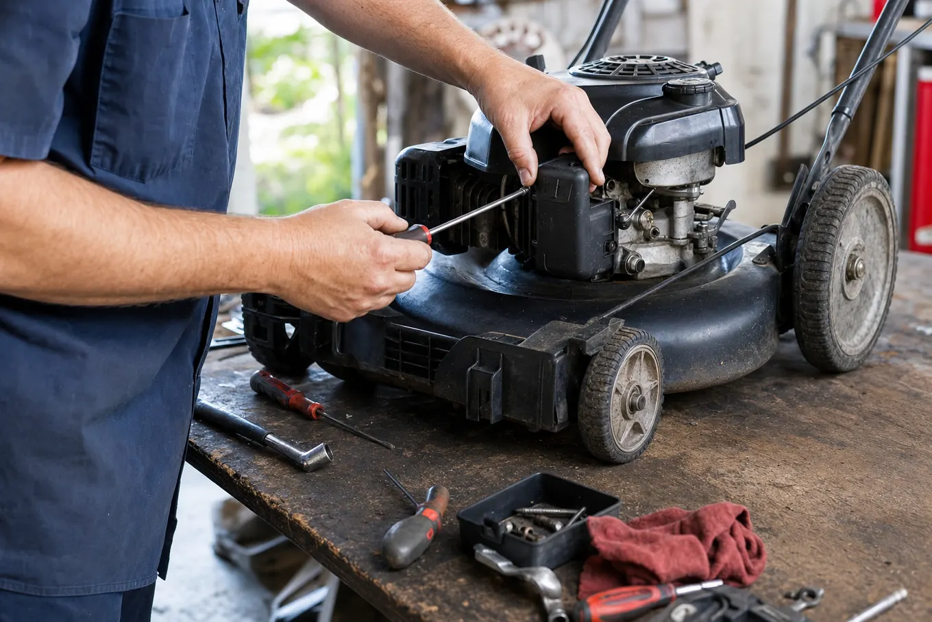 Technician repairing a lawn mower on a workbench at Joe's Small Engine Repair in Port Charlotte