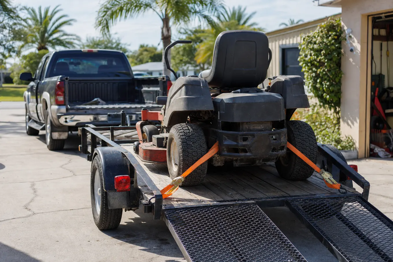 Riding mower loaded on a trailer for pickup and delivery service