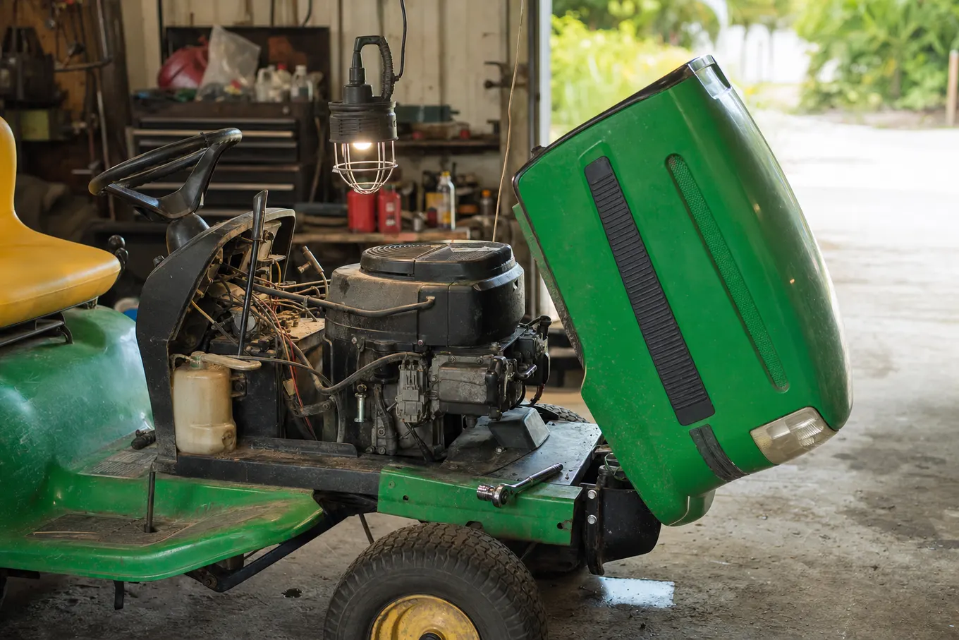 Riding lawn mower lifted for deck service at Joe's Small Engine Repair in Port Charlotte