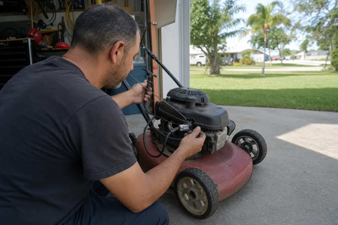 Technician testing spark on a mower engine that will not start